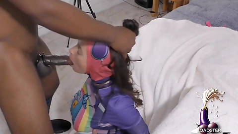 Tiny blonde girl training in a hot interracial sex video