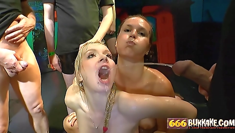 Hairy blonde getting rimmed and pissing in a group vid