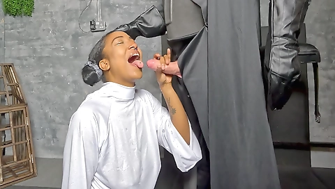 Blonde girl with a tattooed foot gets a deepthroated footjob