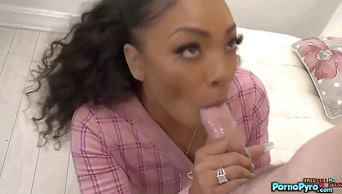 Ebony amateur brunette in a leather brief gets a big white cock