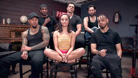 Brunette and black girl in the pawn shop get double penetration