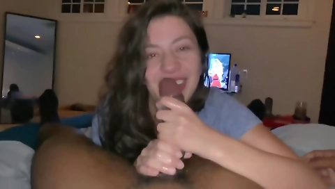 Brunette step sister sucks deepthroat of a big dick