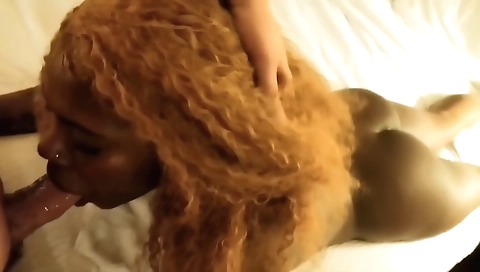 Ebony teen sucks and enjoys deep throating in the pool