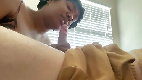 Ebony hottie with a big ass and big tits is sucking my dick