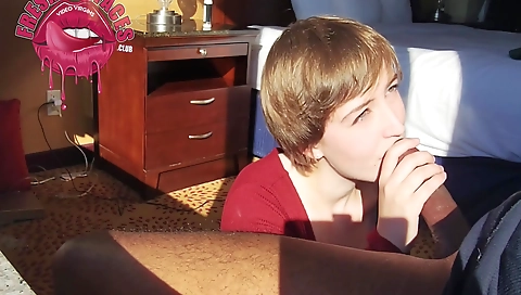 Brunette 18+ with big tits is deepthroating in bedroom