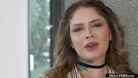 Brunette with tattooed lips gets fucked by a friend