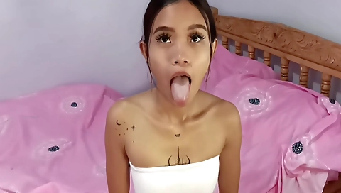 Asian teen babe shows us her cute tits and gets on the ride