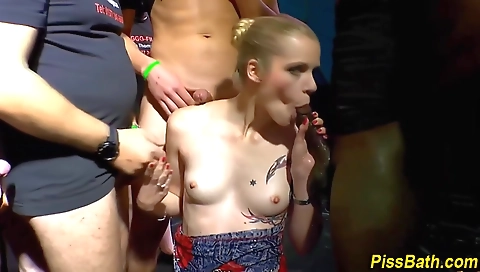 Amateur blonde with tattooed pussy getting gangbang