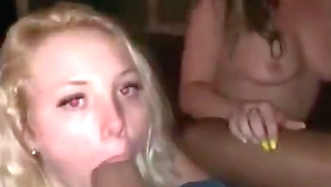 Blonde and brunette get fucked by a tall blonde babe
